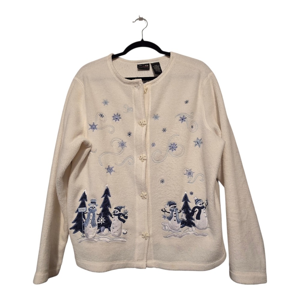 Vintage 90s Y2K Snowman Fleece‎ Cardigan Women MED White Granny Winter Snowflake